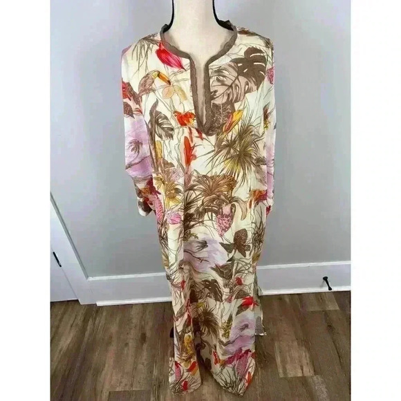 Loretta Caponi Made In Italy Maxi Tuni Dress Hawaiian Jungle Cotton XL - Picture 1 of 13